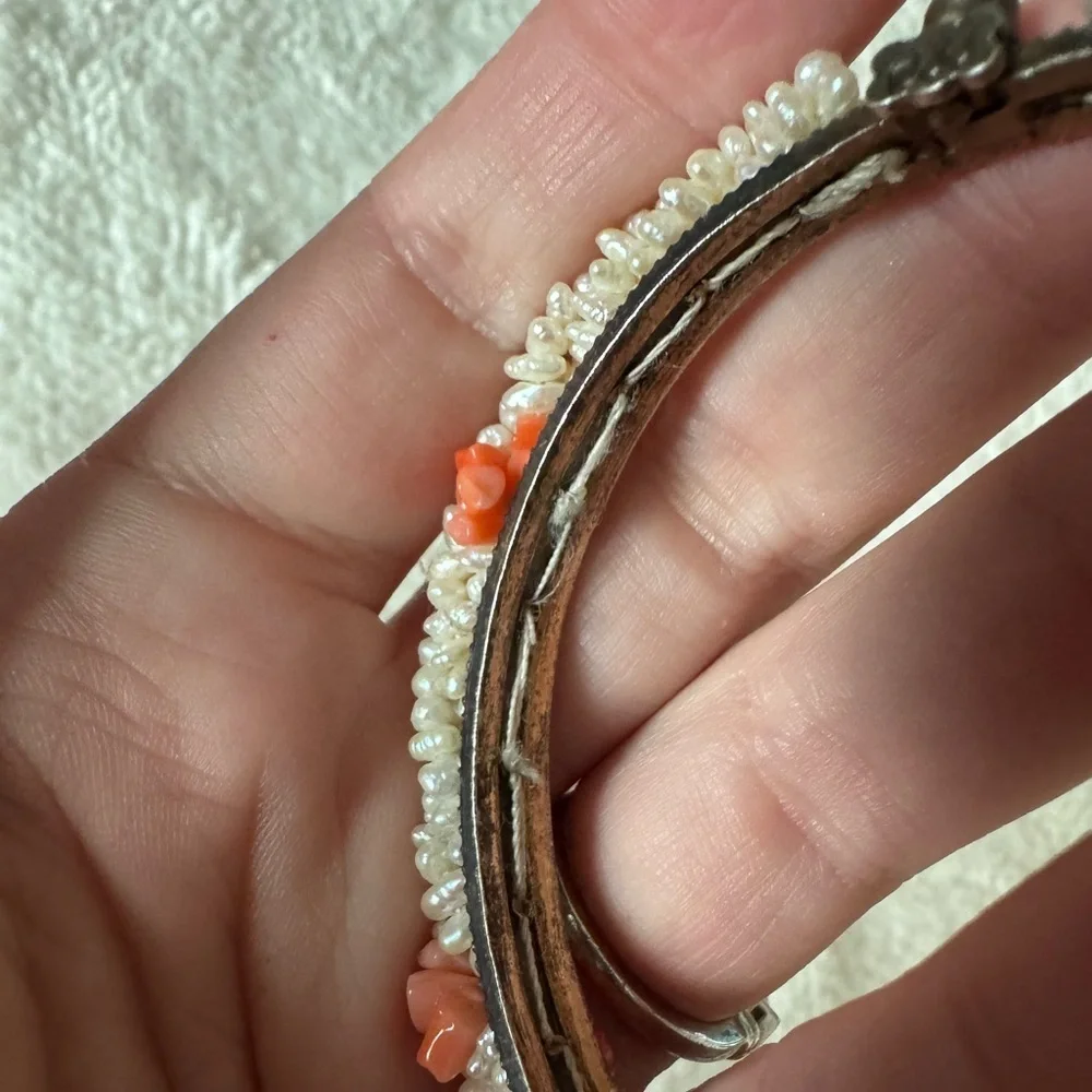 Antique Angel Skin Coral Freshwater Pearl Signed Estate Bracelet